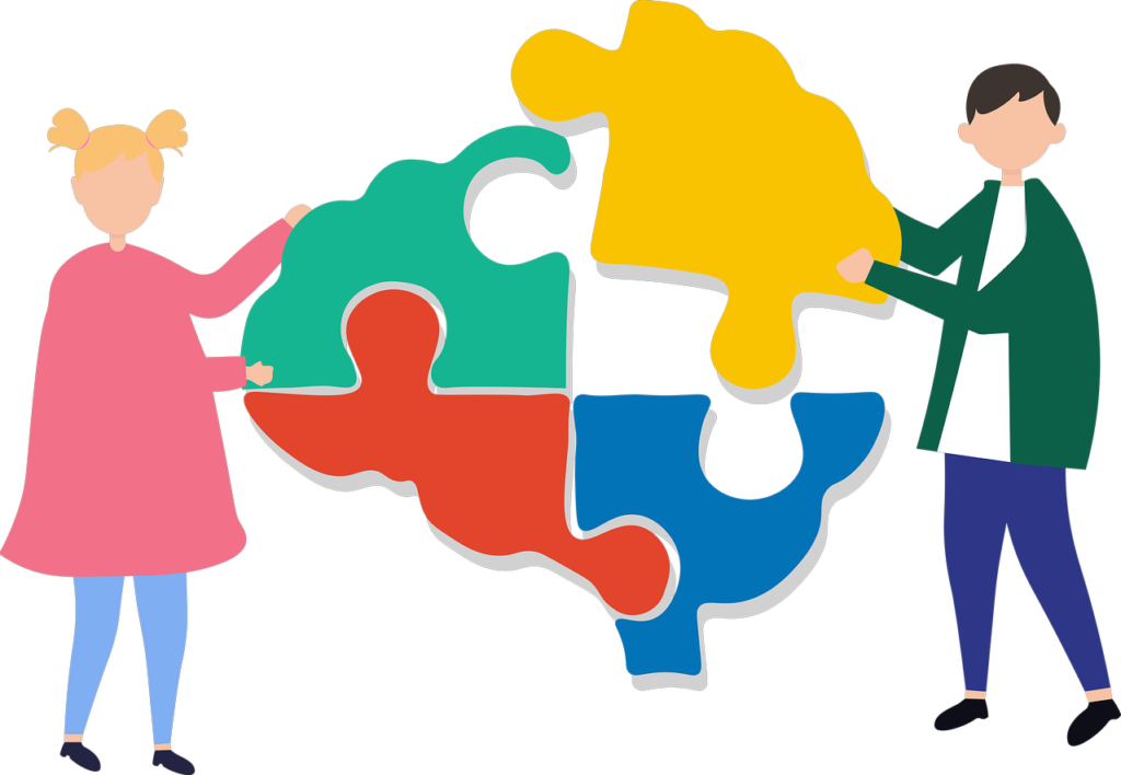 Illustration of a boy and girl putting together a four piece puzzle of the brain.