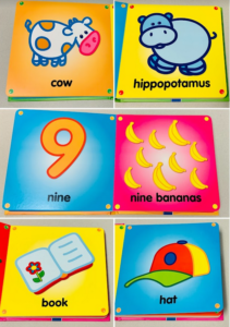 Pages from the Animals and Numbers books that include a cow, hippo, nine bananas, book, and a hat.