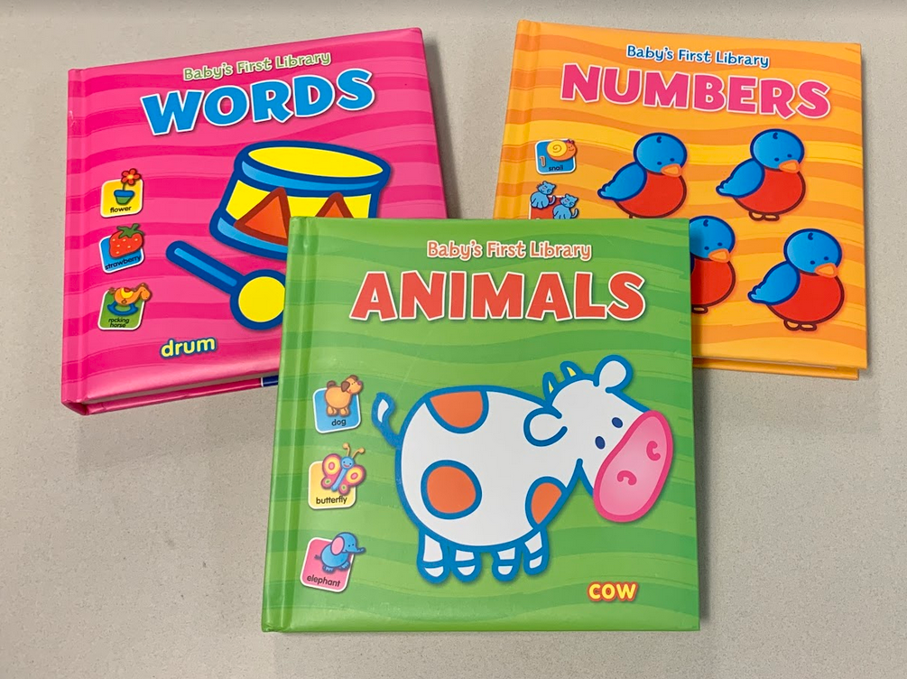 Three books from Baby's First Library Series that include animals, words, and numbers