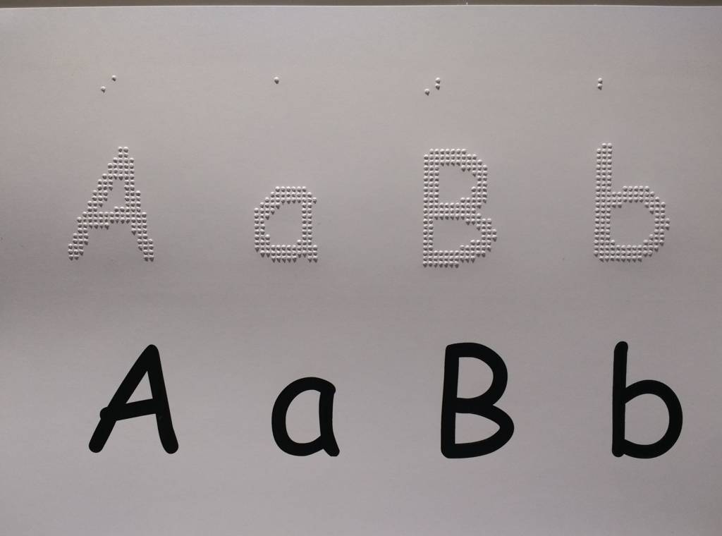 Examples of print, braille, and raised letters A a and B b