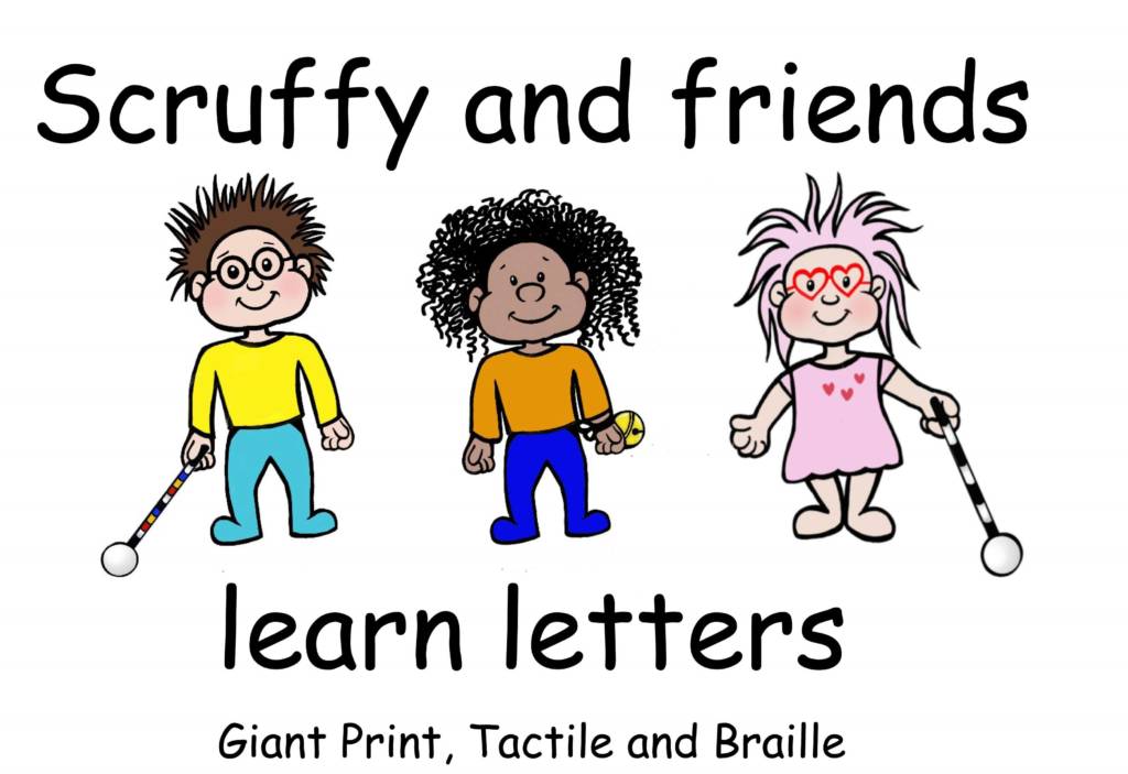 Scruffy and friends learn their letters with an illustration of three children holding canes.