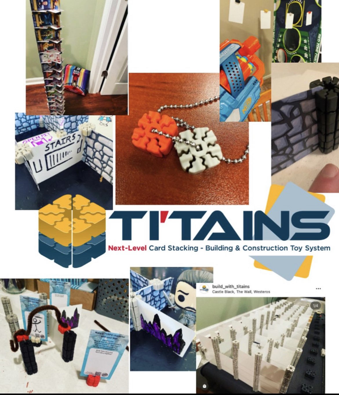 Ti'Tains name with photos showing examples of how to use them like card tower connectors to build and to hold cards at a table.