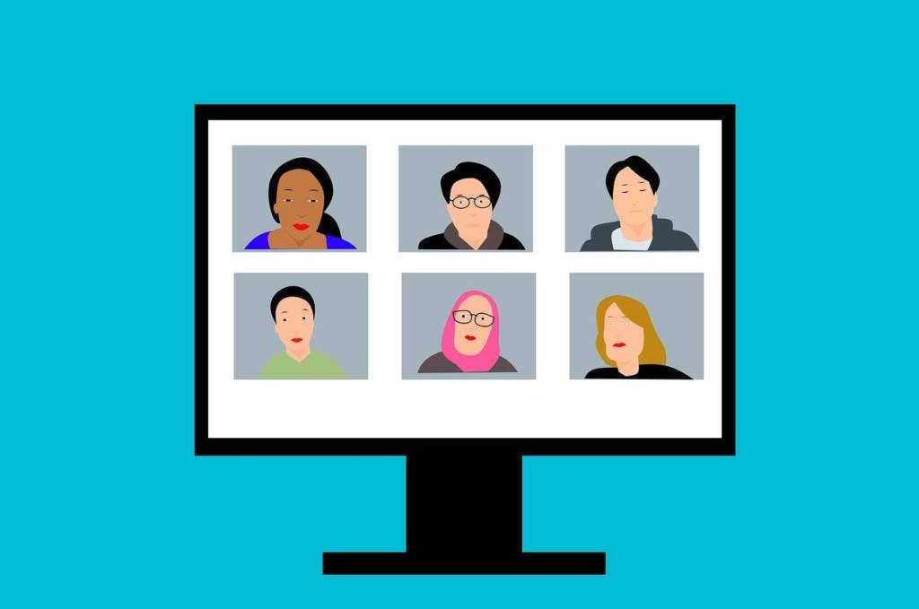 Illustration of a computer screen with 6 indivduals having an on-line meeting.