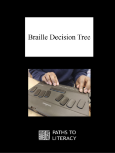 Braille Decision Tree Pin with a picture of a refreshable braille device with hands on it.