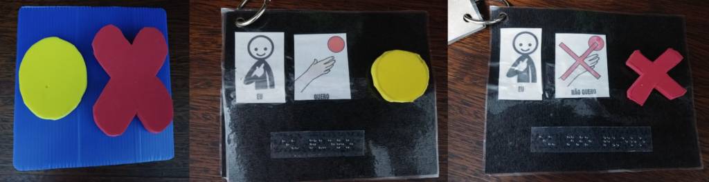 From left to right, under wooden background, blue plastic
card with the yes symbol, circular format and yellow color and the no symbol, letter X format
in red color. Then there is a key ring made with black plastic-coated cardboard. The first card of
this key ring shows two captions in images, in ink and in Braille “I want” and the sim symbol in
reduced size. Next, there is a second card showing two captions in images, in ink and in Braille
“I don't want to” and the symbol of no in reduced size.