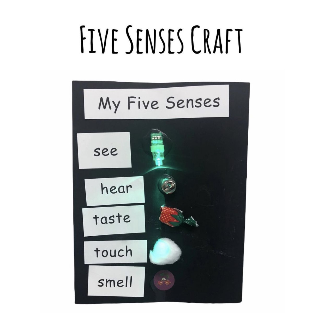 My Five Senses poster with tactile representation and words on it for see, taste, hear, touch, and smell. There is a flashlight for see, bell for hear, candy for taste, cotton for touch, and sticker for smell.