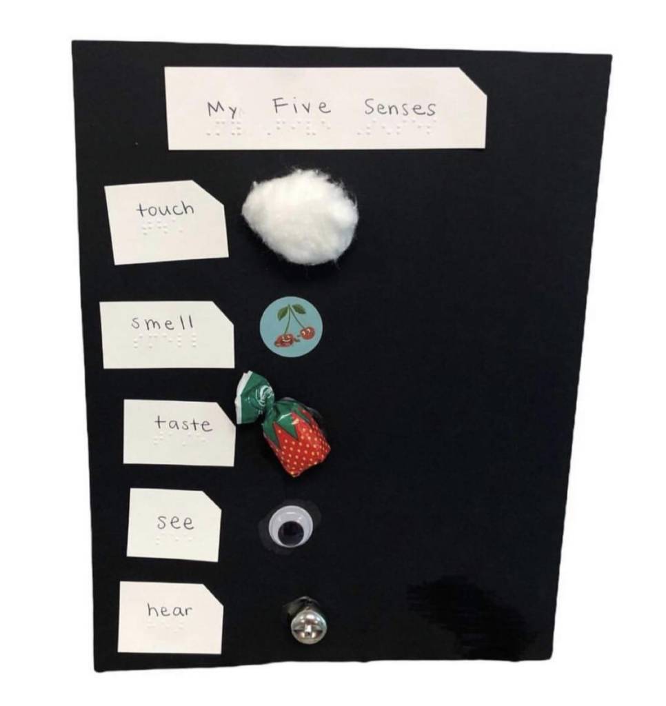 My 5 Senses list with tactile objects; touch with cotton, smell with a smelly sticker, taste with candy, see with a craft eye ball, and hear with a bell.