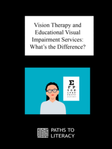 Vision Therapy and Vision Services- what is the difference? With a picture of a woman with glasses in front of an eye  chart. 