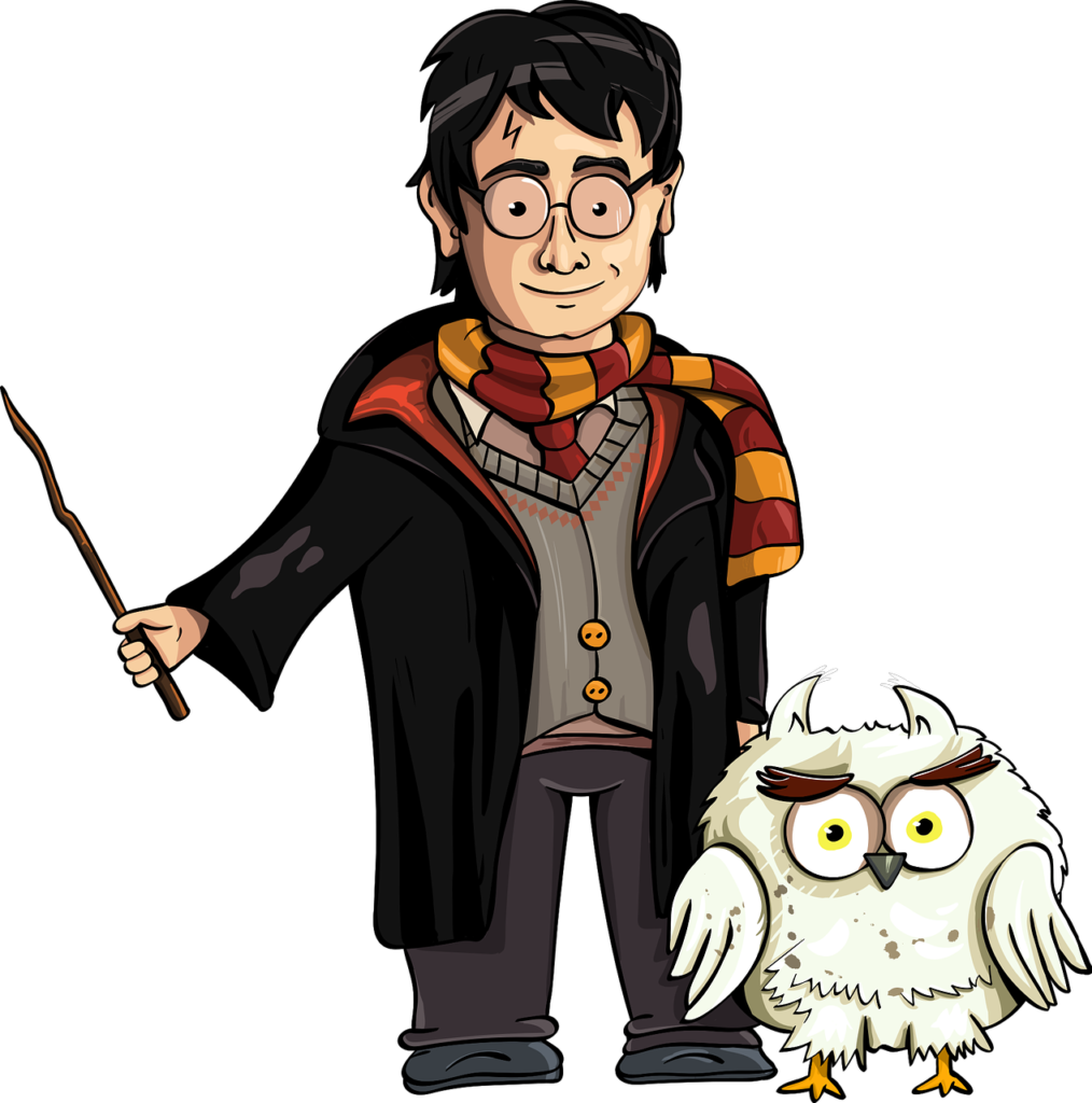 Cartoon of Harry Potter with his wand and owl next to him.