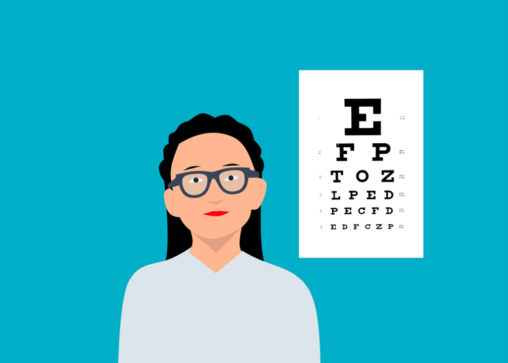 Chartoon of a woman with glasses infront of an eye chart