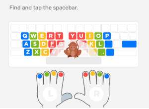 Keyboard with colors on different keys. Illustrated hands with the fingers on the coordinating letters. 