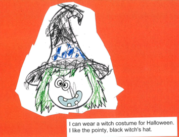 Picture of a witch colored by student and has stickers for facial features. 