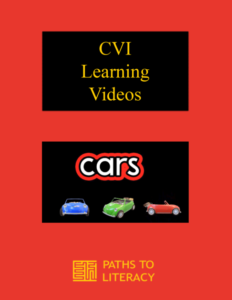 CVI Learning Videos title with a picture of the start of one video. It has the word "cars" in bold font with word bubbling around it. There are 3 cars below it. 