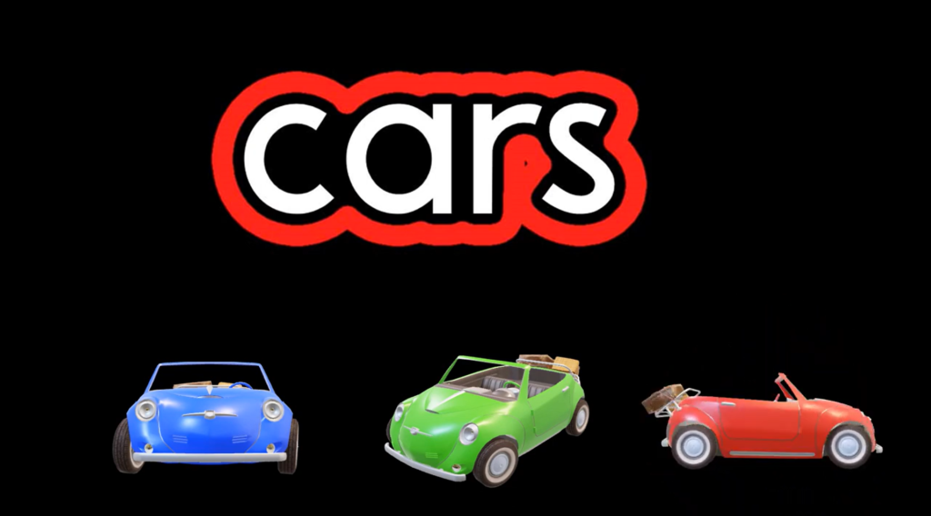 Picture of three cars with the word "cars" spelled out in large font with Dr. Romans Word Bubbling around it.