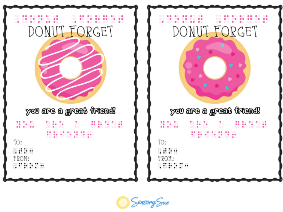 Donut Forget you are a great friend Valentine card in print and in printed braille design.