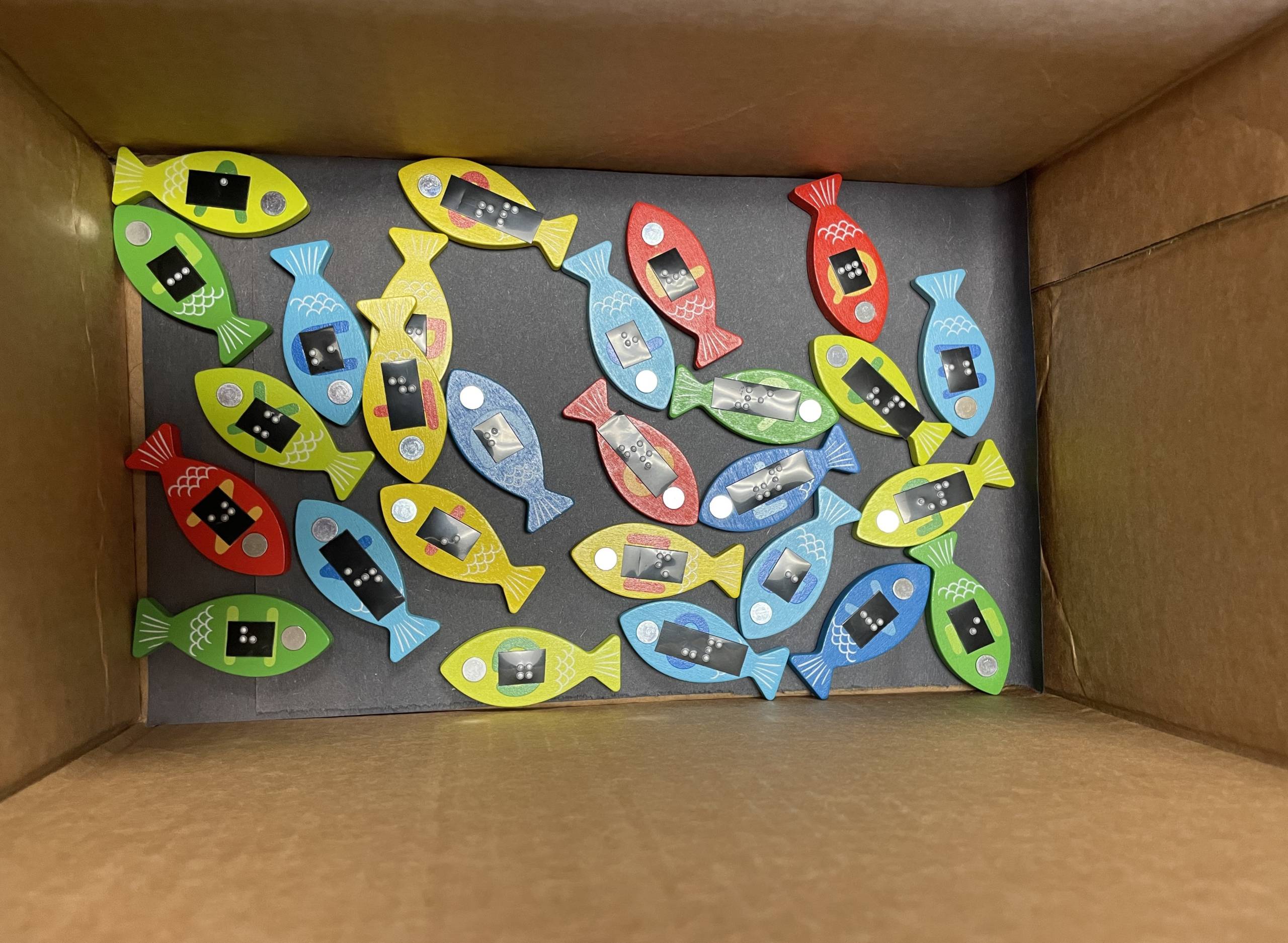 fish puzzle pieces in a box with braille letters and numbers on them.