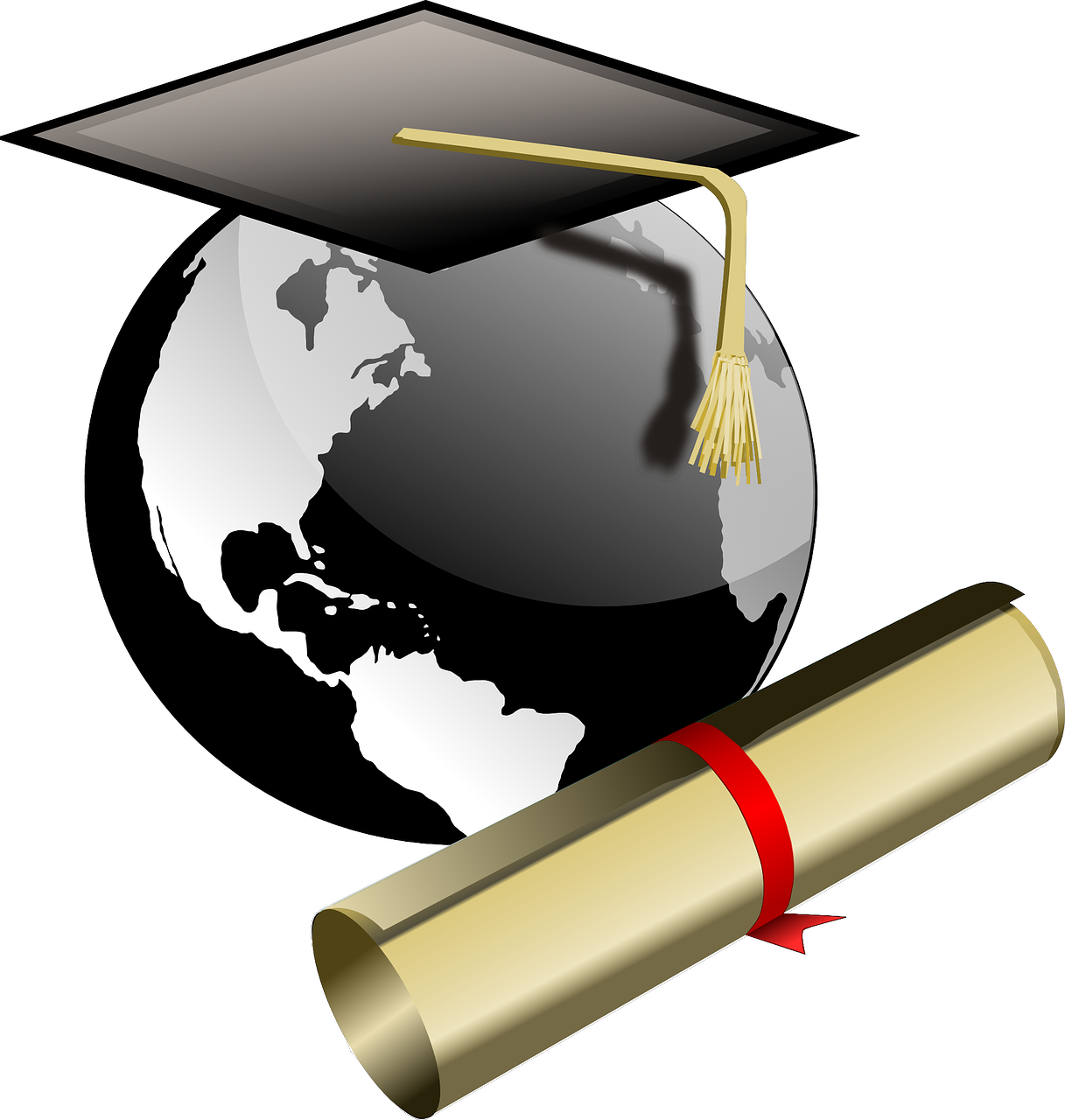 Illustration of a graduation cap on a globe with a diploma.