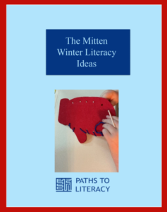 The Mitten Winter Literacy Ideas with a photo of a student sewing a cloth mitten with yarn. 