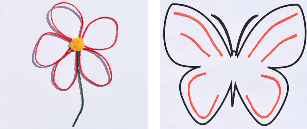 Flower and butterfly made with wikki stix for raised line drawing. 