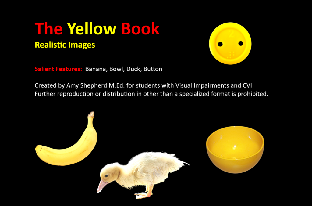The Yellow Book cover from the CVI Book Nook with a banana, baby duck, bowl, and button pictures.