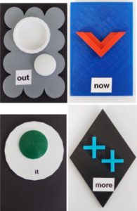 A selection of 3D printed tactile communication symbols: out, now, it, and more.  