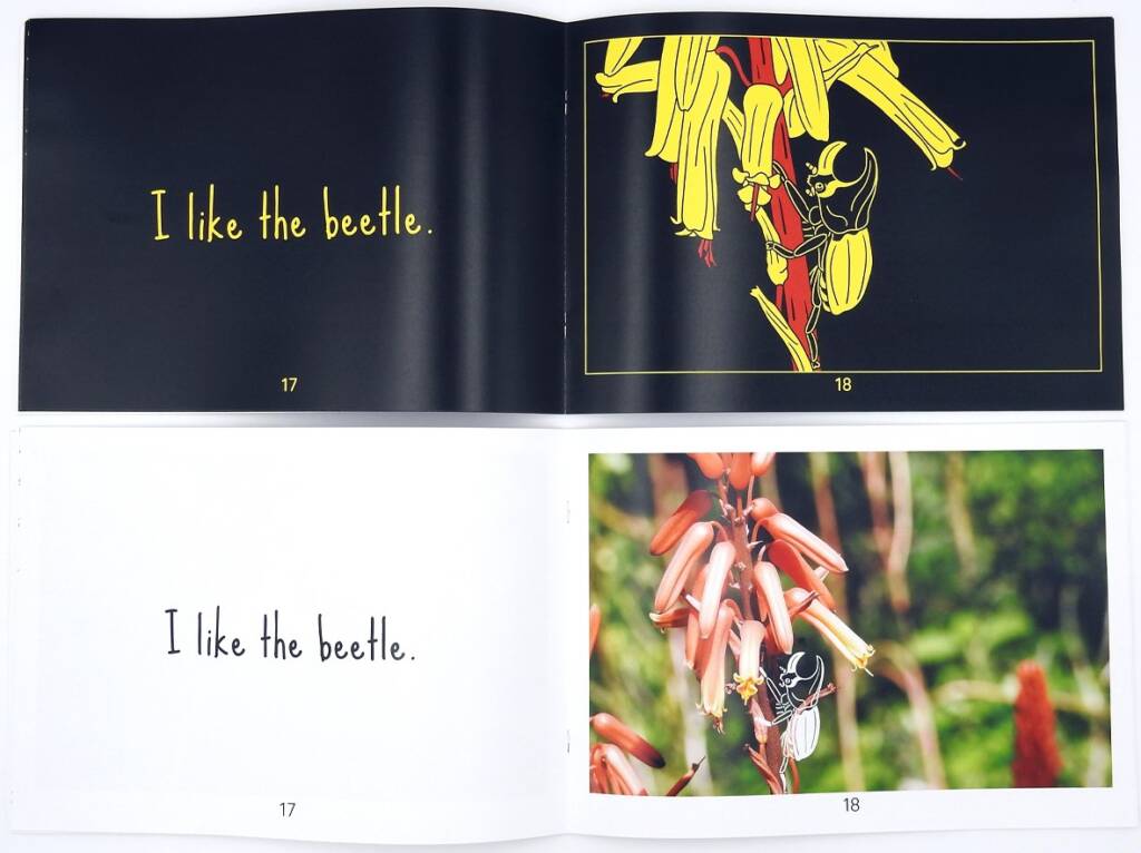 Two identical pages that say, "I like the beetle." With a photo of a beetle on a flower and then a high contrast beetle picture. 