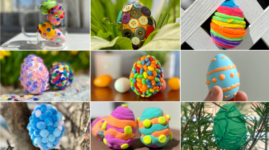 Host of tactile eggs that include; puffy paint, glued buttons, balls, beans, string, and pipe cleaners