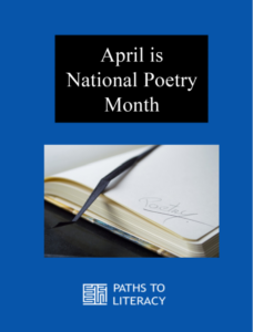 April is National Poetry Month title and a picture of a journal with the word POETRY written on it.