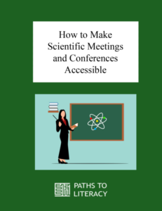How to Make Scientific Meetings and Conferences Accessible title with an abstract picture of a woman lecturing in front of a black board.