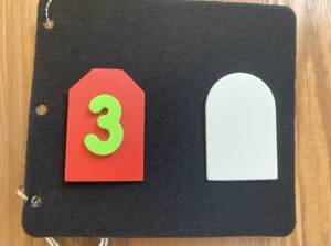 Two tactile symbols on a velcro card. One is the class number 3 and a distractor.
