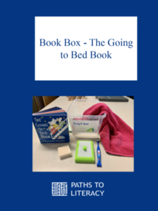 Book Box - The Going to Bed Book title with a photo of the box with the book and real objects like a tooth brush, towel, and light switch.