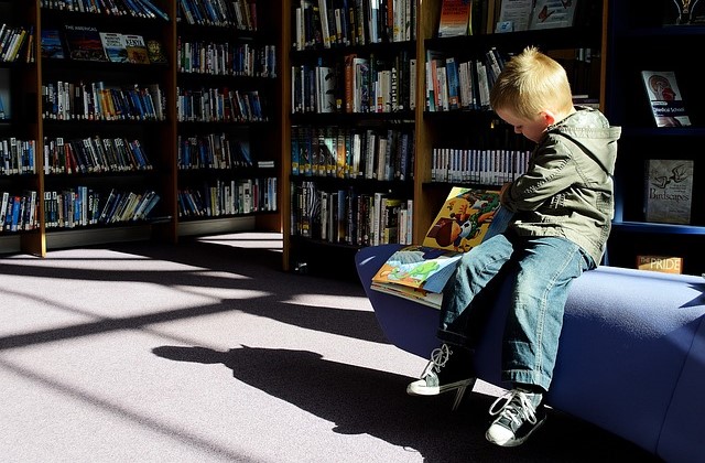 Little boy reading a book on a soft bench at the library. Books are on shelves around him.