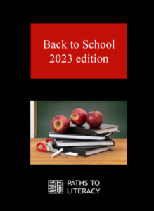 Back to school 2023 edition title with a picture of a stack of books with a few apples on top.