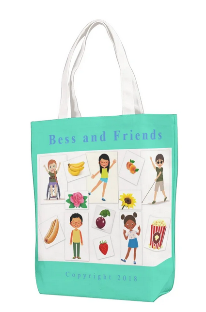 Bess and Friends book bag that is cloth with handles and has pictures of the characters from the stories.