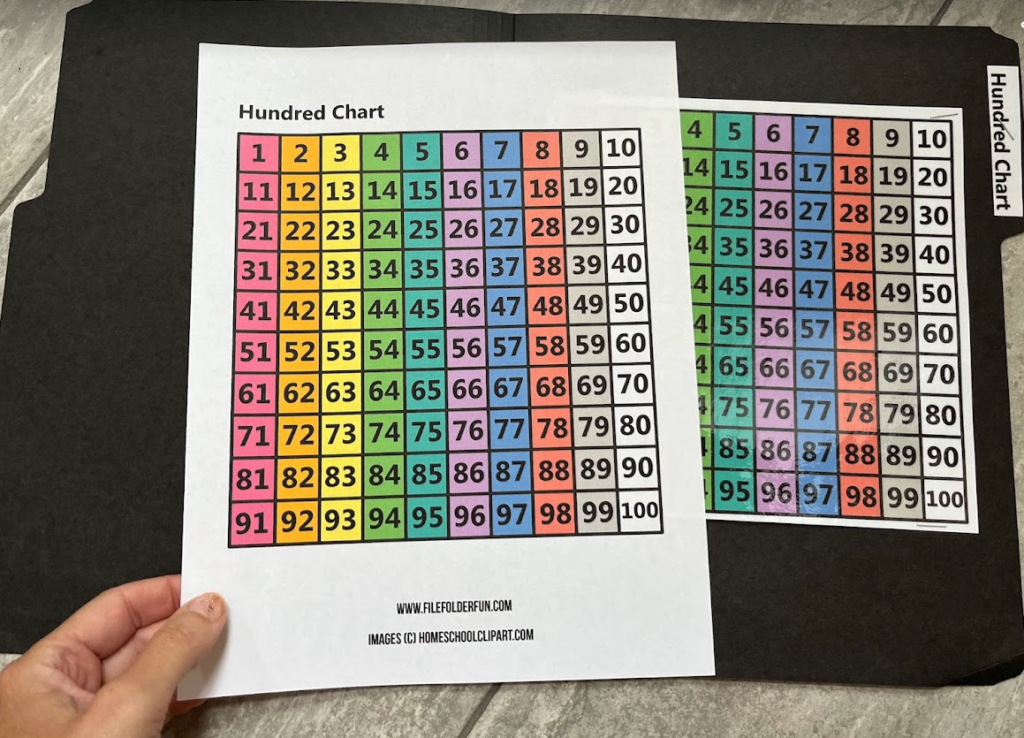 hundred chart with colored columns that fits in a file folder
