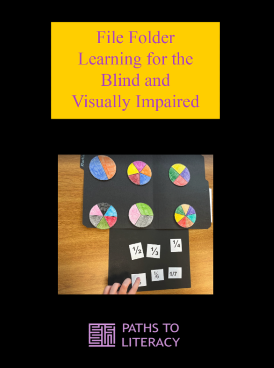 File folder learning for the blind and visually impaired title with a photo of the circle fractions file folder game.