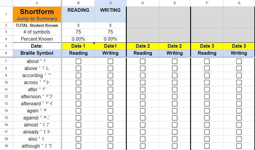 An excel spreadsheet showing different braille symbols and a checkbox next to them in a column labeled reading or writing