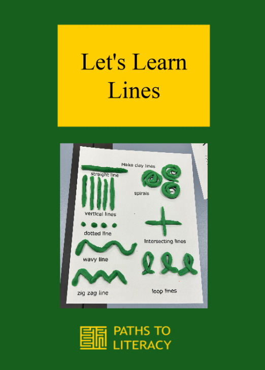 Let's learn lines title with a picture of various lines including spiral, cross, dots, vertical, and horizontal with clay