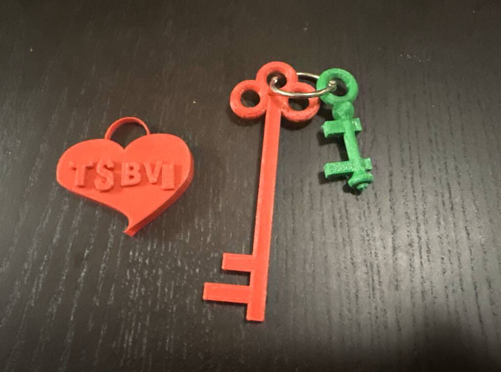 Pictured is a 3D printed heart with the letters "TSBVI" on it. Also pictured is two keys on a key chain.