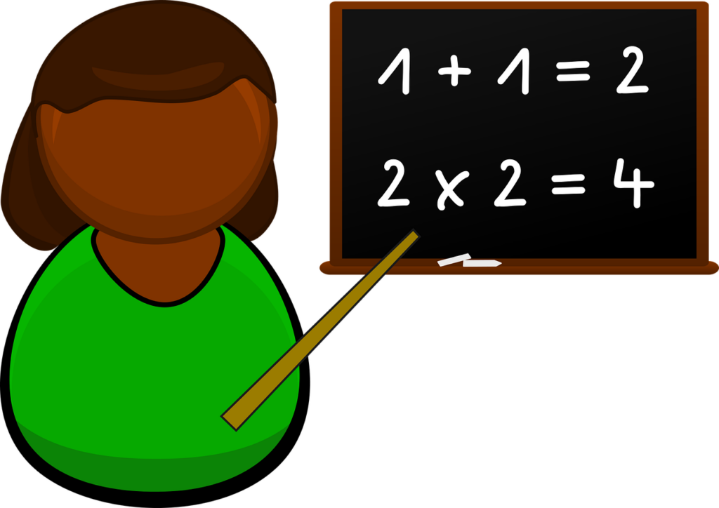 Illustration of teacher pointing to blackboard with basic addition problems