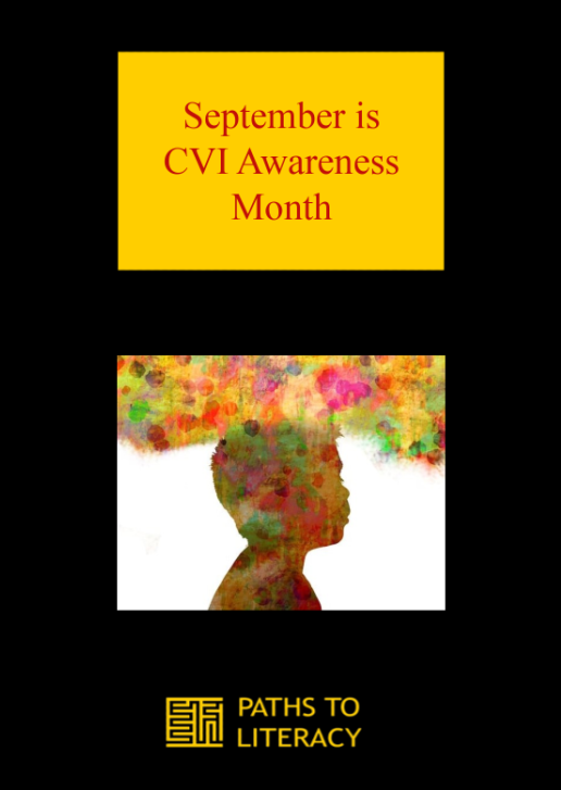 September is CVI awareness month title with an illustration of a child's profile filled with watercolors coming out of the top.