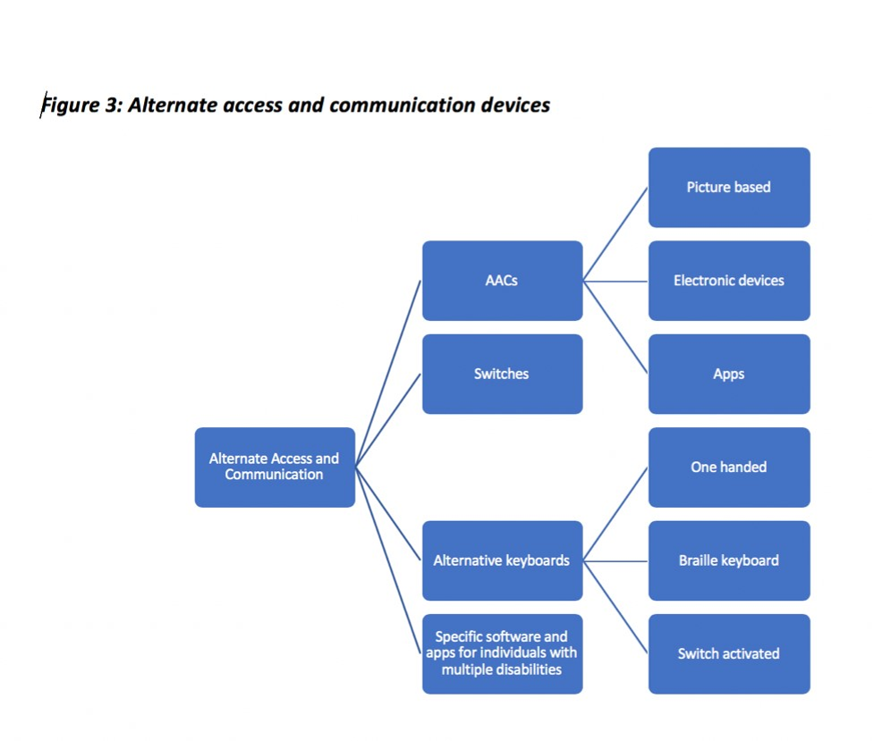 Figure 3: Alternate access and communication devices: AACs (Picture-based, Electronic devices, Apps); Switches; Alternative keyboards (One-handed, Braille keyboard, Switch-activated); Specific software and apps for individuals with multiple disabilities
