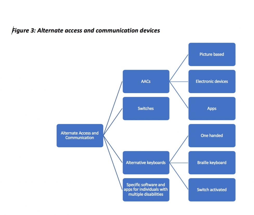 Figure 3: Alternate access and communication devices:  AACs (Picture-based, Electronic devices, Apps); Switches; Alternative keyboards (One-handed, Braille keyboard, Switch-activated); Specific software and apps for individuals with multiple disabilities