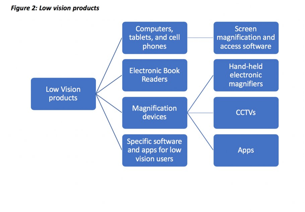 Figure 2: Low vision products. Computers, tablets, and cell phones (Screen magnification and access software); Electronic Book Readers; Magnification devices (Hand-held electronic magnifiers, CCTVs, Apps); Specific software and apps for low vision users