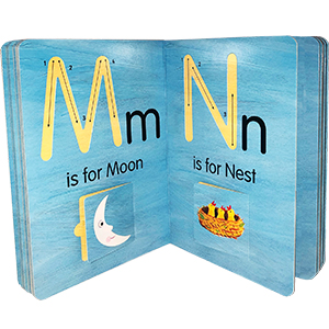 Two pages from the book A is for Apple are shown. The first page has a capital and lowercase letter m and says "Mm is for moon" with a picture of a moon below it. The second page shows a capital and lowercase letter n and says "Nn is for nest" with a picture of a bird's nest below that.