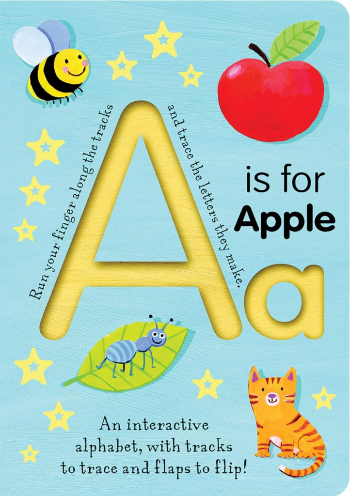 The cover page of the book A is for Apple. A big letter A and small letter A are on the cover with a bumble bee, apple, bug on a leaf, and cat. 