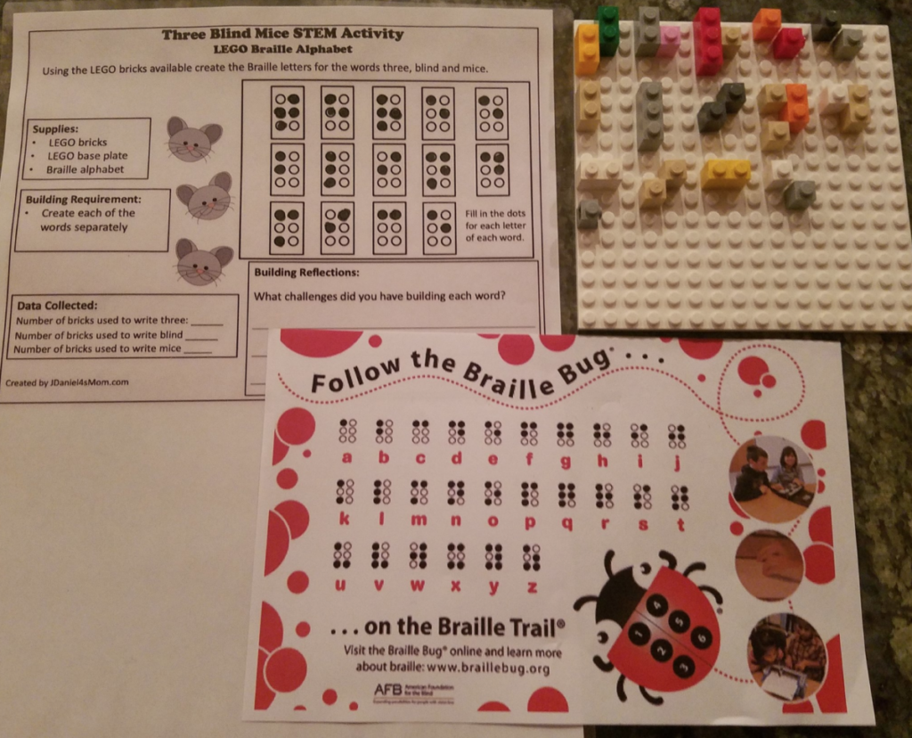 Three Blind Mice STEM activity worksheet with a Lego board and “three blind mice” spelled out using single, double, and triple Legos. A print copy of AFB’s Braille Bug alphabet is shown as a reference.