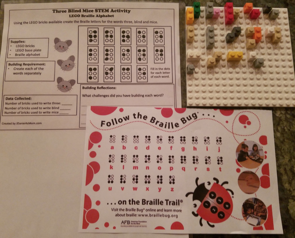 Three Blind Mice STEM activity worksheet with a Lego board and “three blind mice” spelled out using single, double, and triple Legos. A print copy of AFB’s Braille Bug alphabet is shown as a reference.

