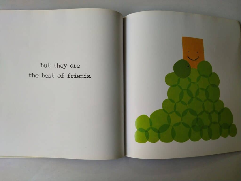 Two pages are shown from the book Carrot & Pea. The first page reads "but they are the best of friends" and the second page shows a pile of green peas with a carrot stick on top of them.