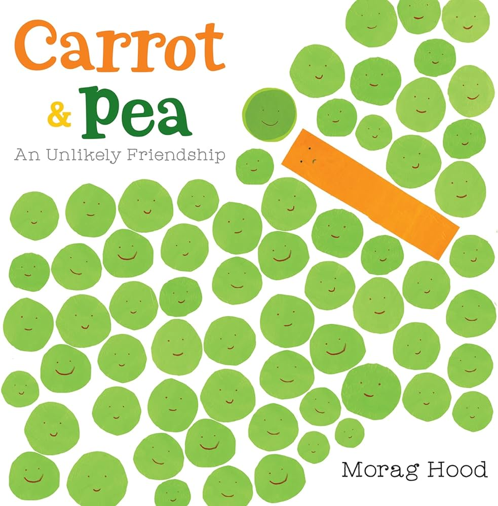 The cover of the book Carrot and Pea. Shown are a lot of peas with smiley faces on them and a carrot stick in the middle of them.
